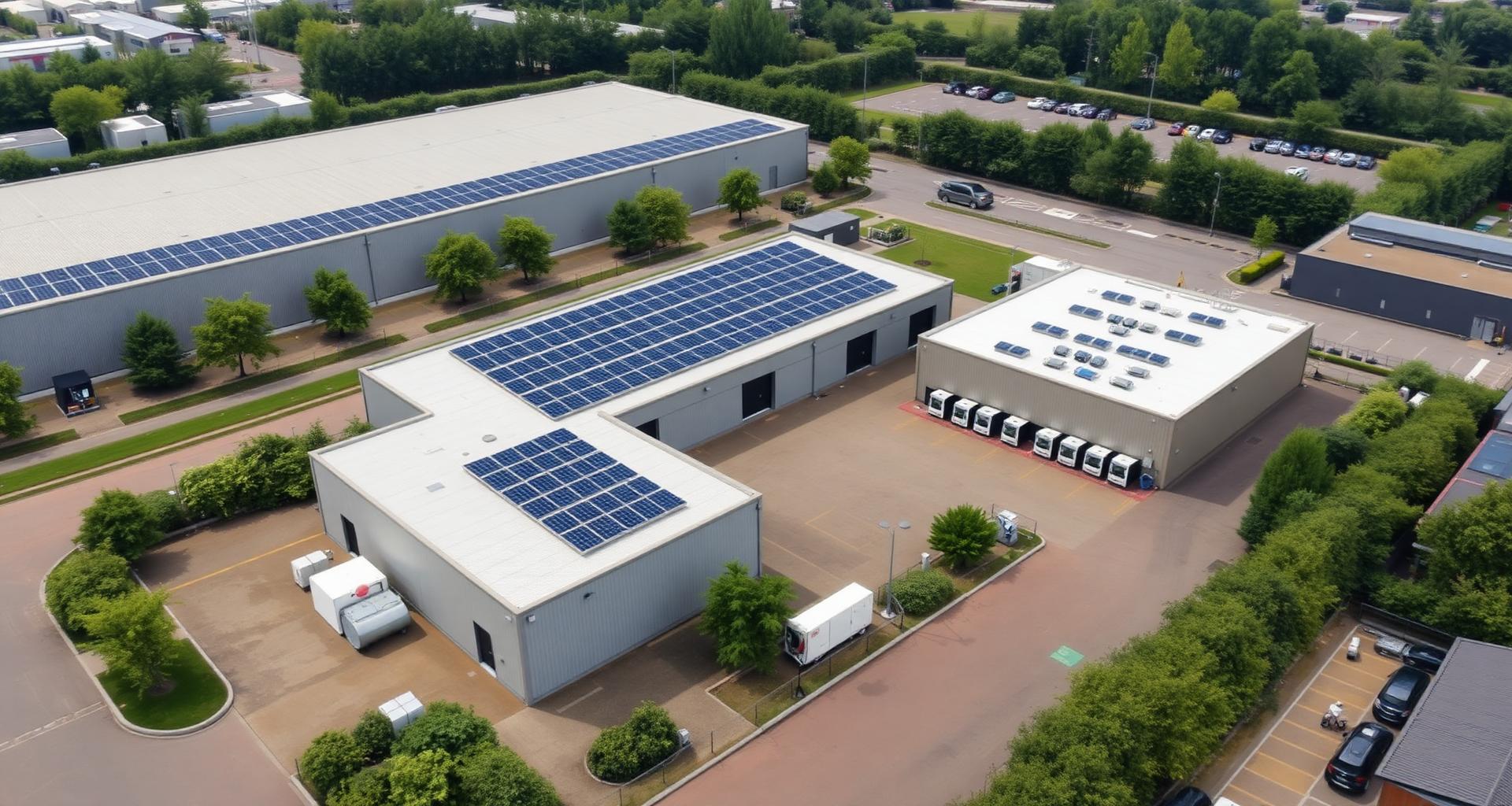Bedrijventerrein met zonnepanelen en batterijopslag