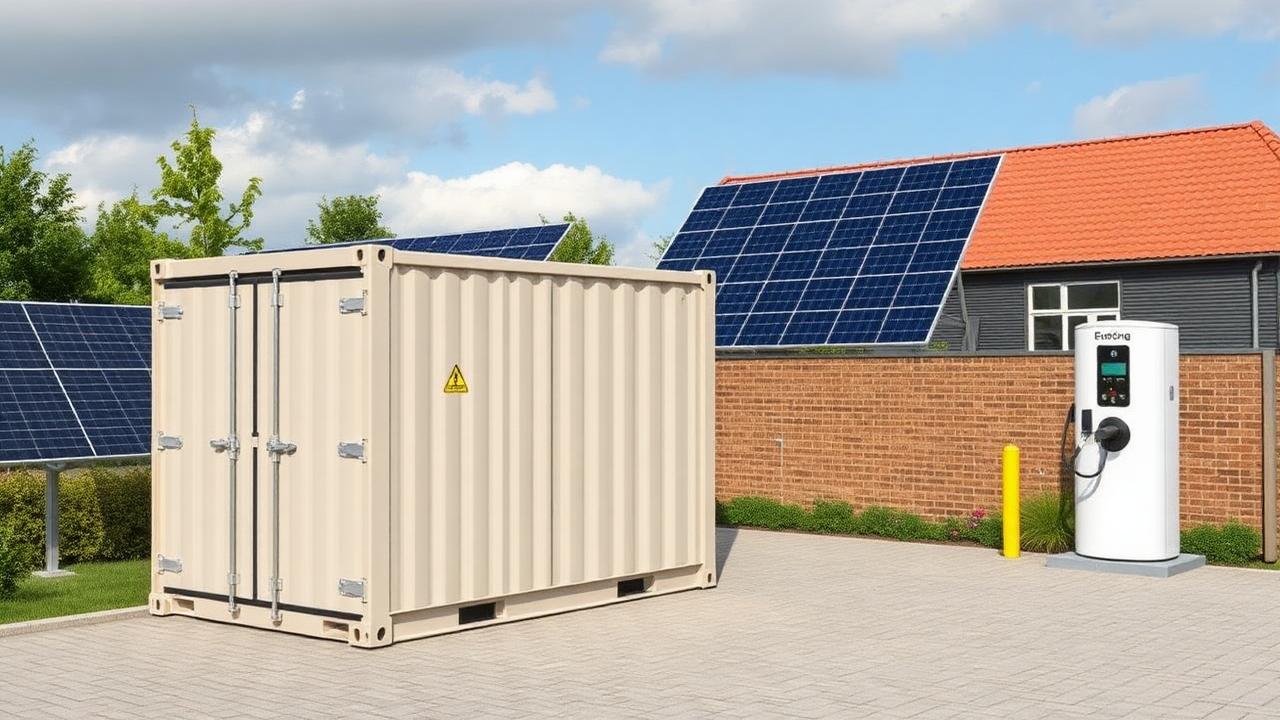 Batterijopslagcontainer met zonnepanelen en laadpunt op bedrijventerrein