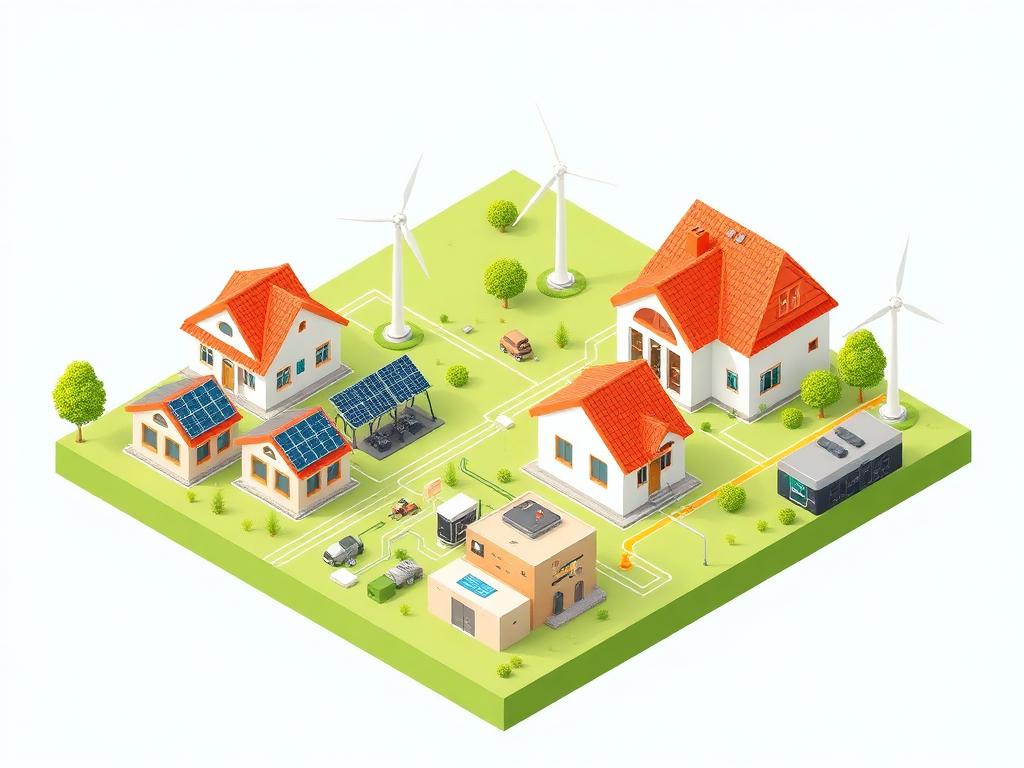 Eneris EMS ecosysteem met woningen, zonnepanelen en batterijopslag