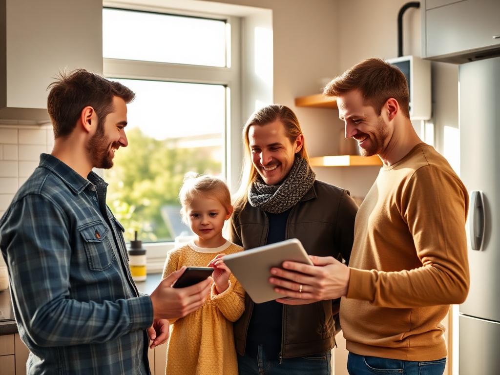 Familie bekijkt energiebesparing op tablet