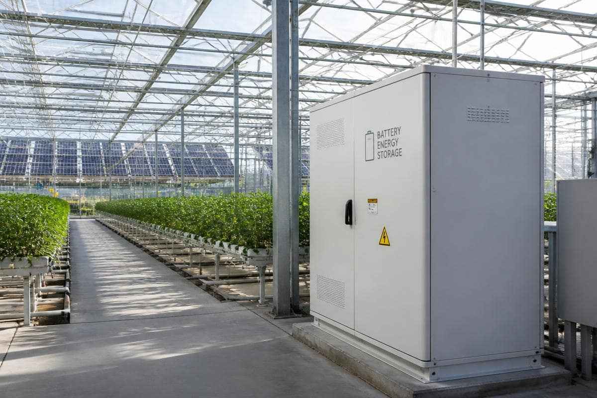 Batterijopslag in een Nederlandse glastuinbouwkas met zonnepanelen