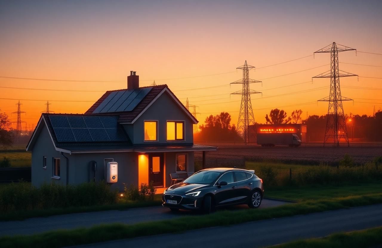 Woning en boerderij met zonnepanelen, thuisbatterij en laadpaal naast hoogspanningsmasten bij zonsondergang